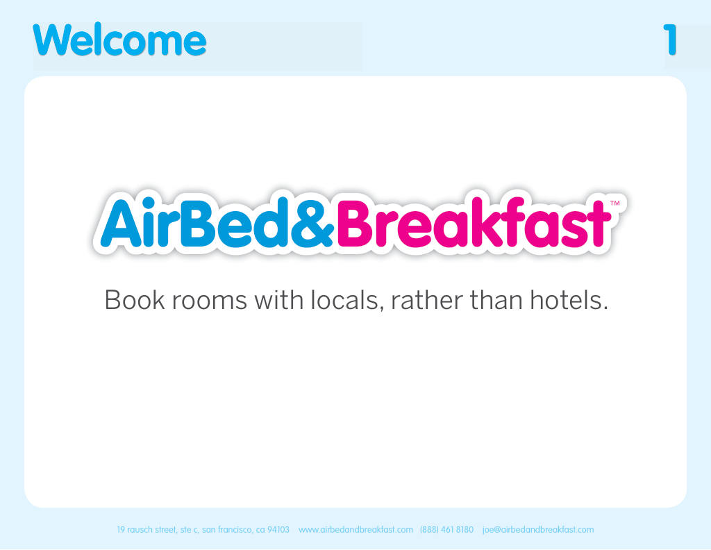 Airbnb pitch deck, slide 1: Welcome