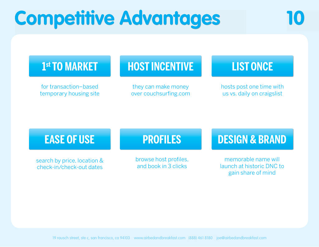 Airbnb pitch deck, slide 10: Competitive Advantages