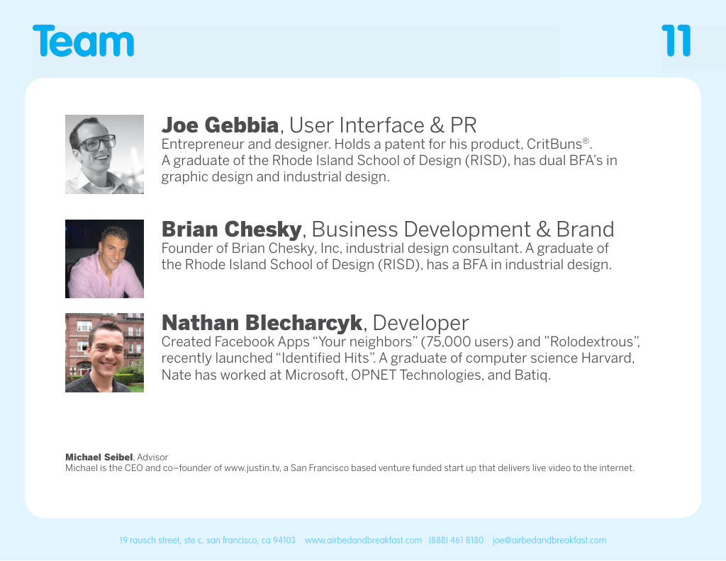 Airbnb pitch deck, slide 11: Team