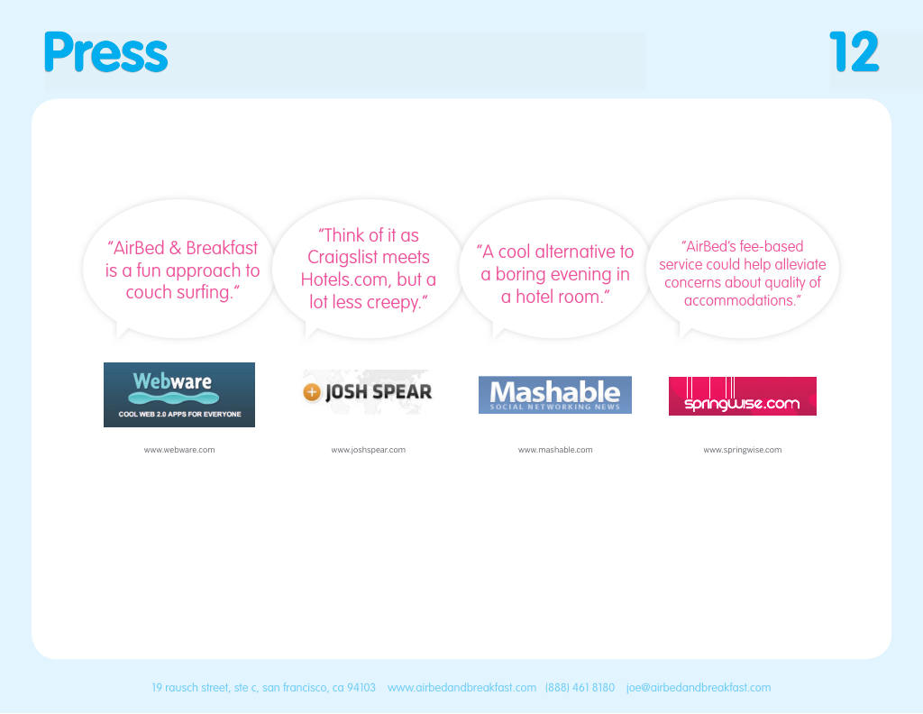 Airbnb pitch deck, slide 12: Press