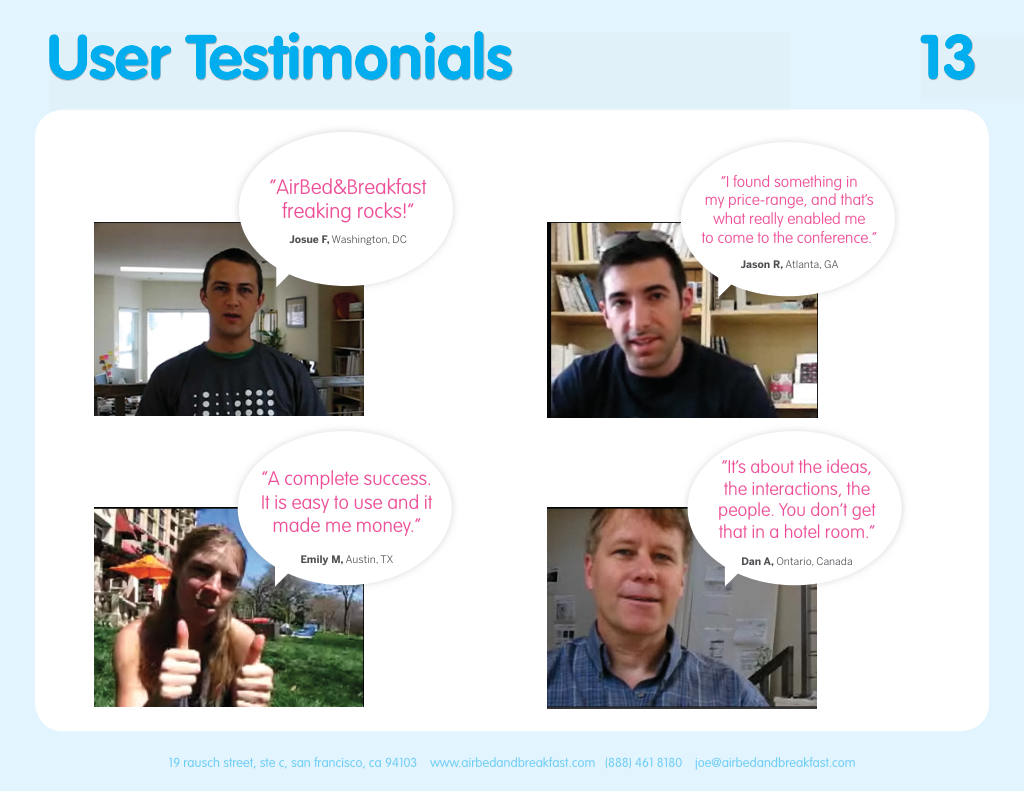 Airbnb pitch deck, slide 13: User Testimonials