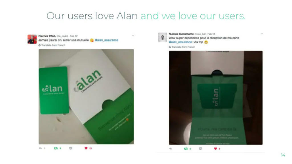 Alan pitch deck, slide 14: User Love