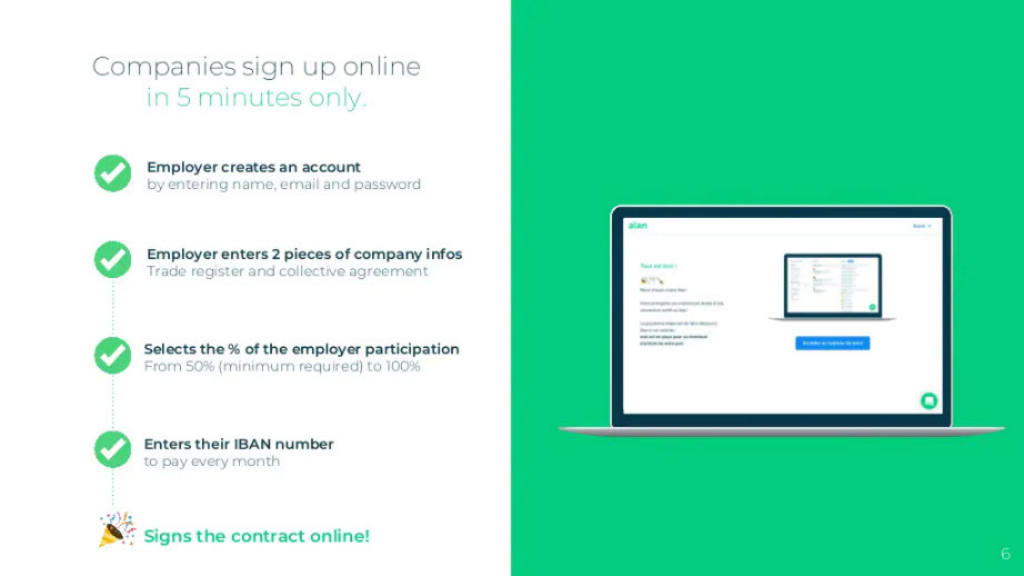 Alan pitch deck, slide 6: Company Signup