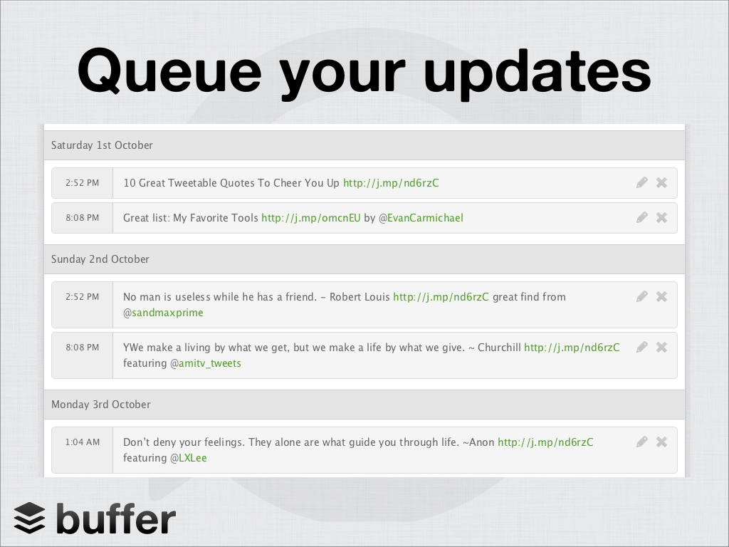 Buffer pitch deck, slide 4: Queue your updates