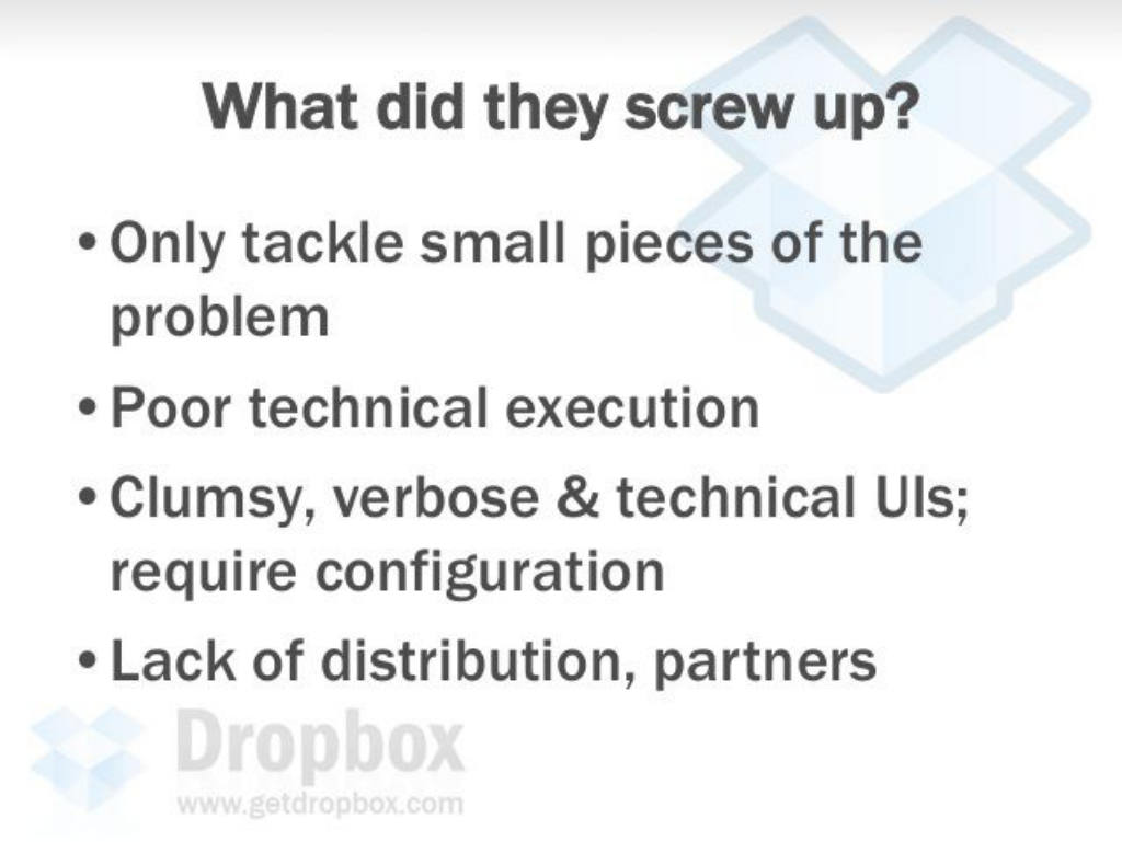 Dropbox pitch deck, slide 11: What Others Got Wrong