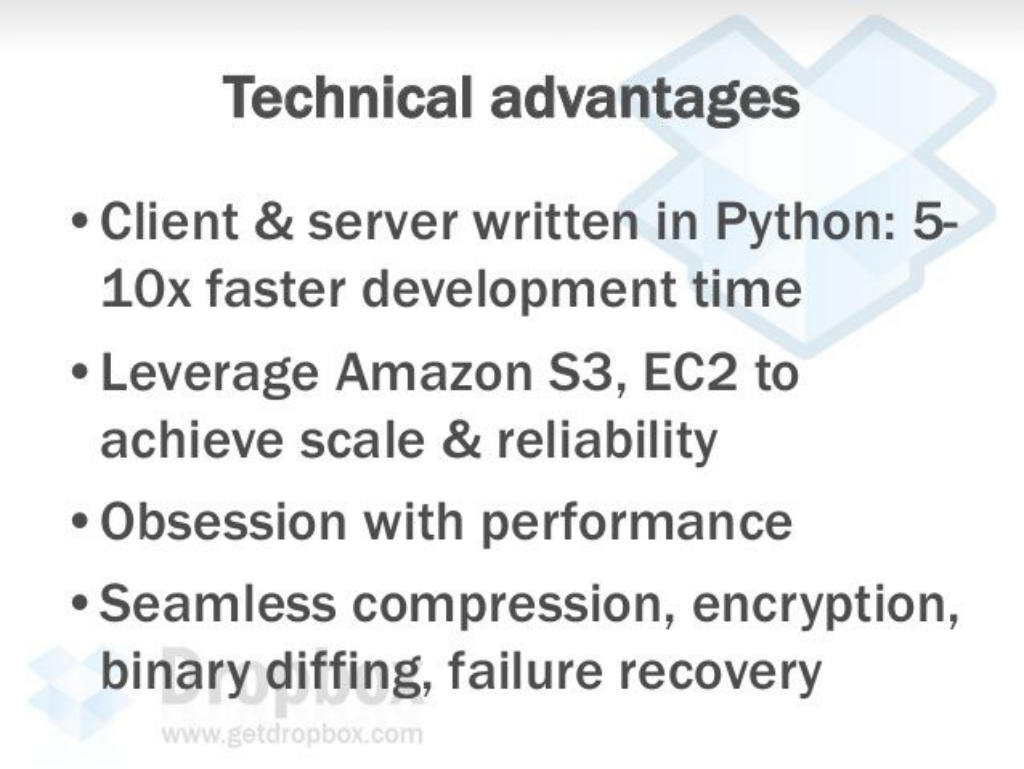 Dropbox pitch deck, slide 12: Technical Advantages