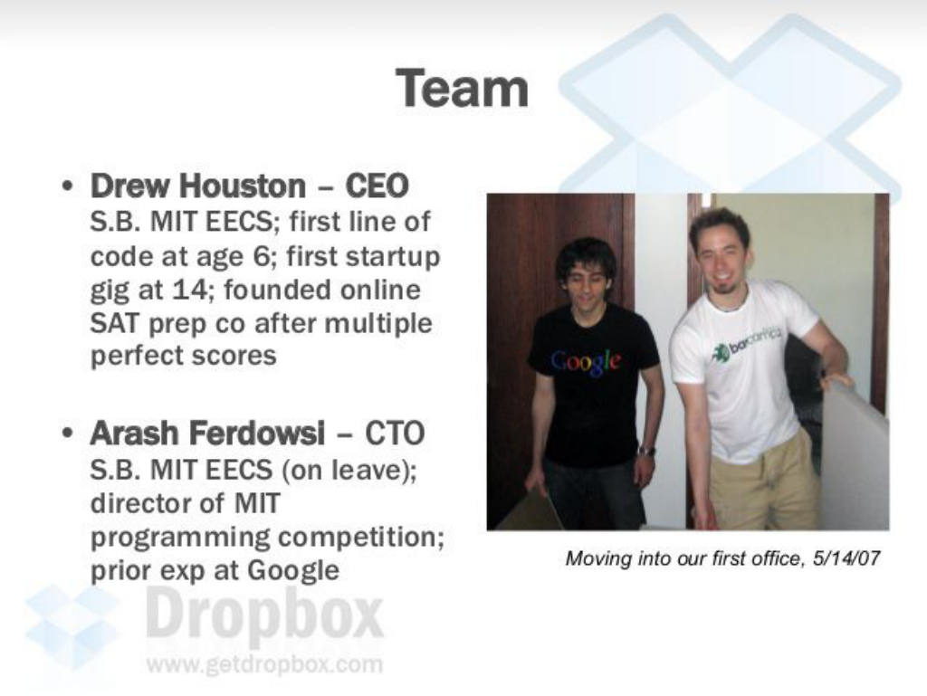 Dropbox pitch deck, slide 13: Team