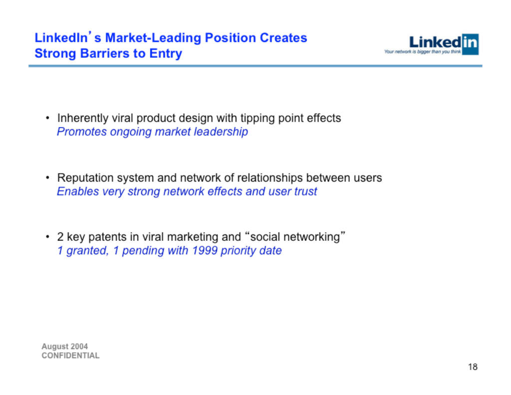 LinkedIn pitch deck, slide 18: Barriers to Entry