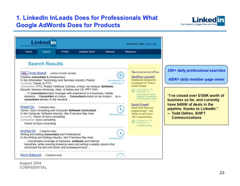 LinkedIn pitch deck, slide 23: InLeads