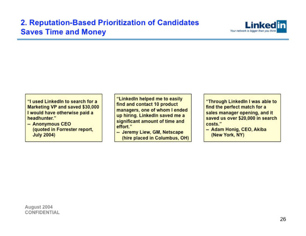 LinkedIn pitch deck, slide 26: Customer Quotes