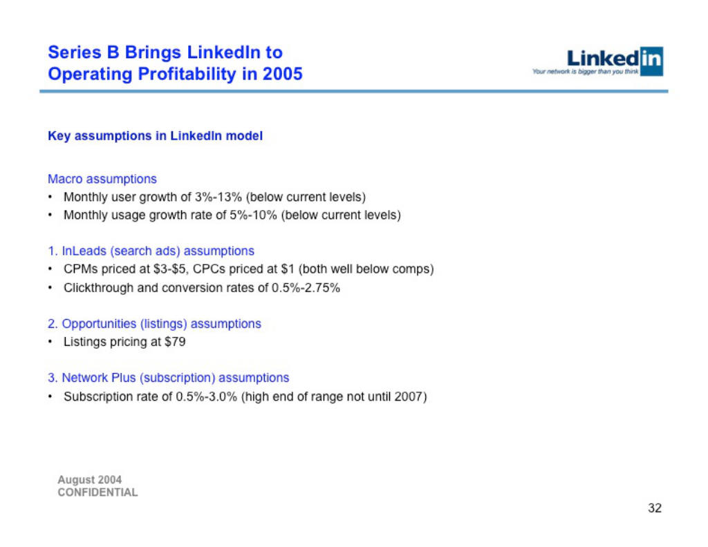 LinkedIn pitch deck, slide 32: Model Assumptions