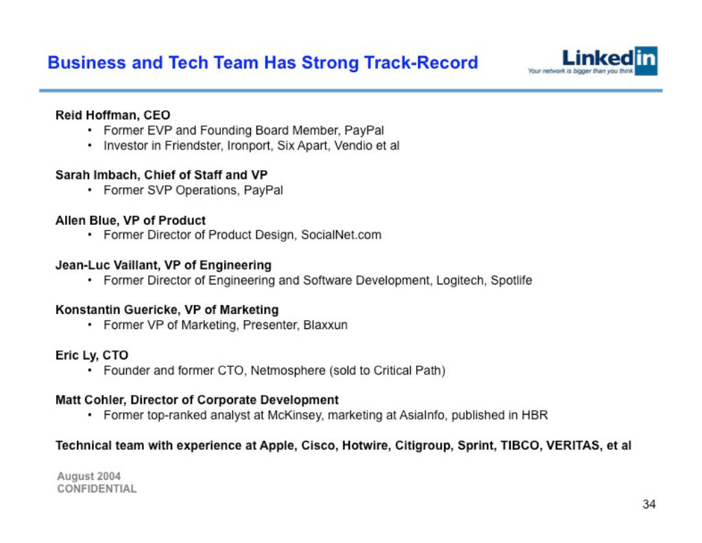 LinkedIn pitch deck, slide 34: Team