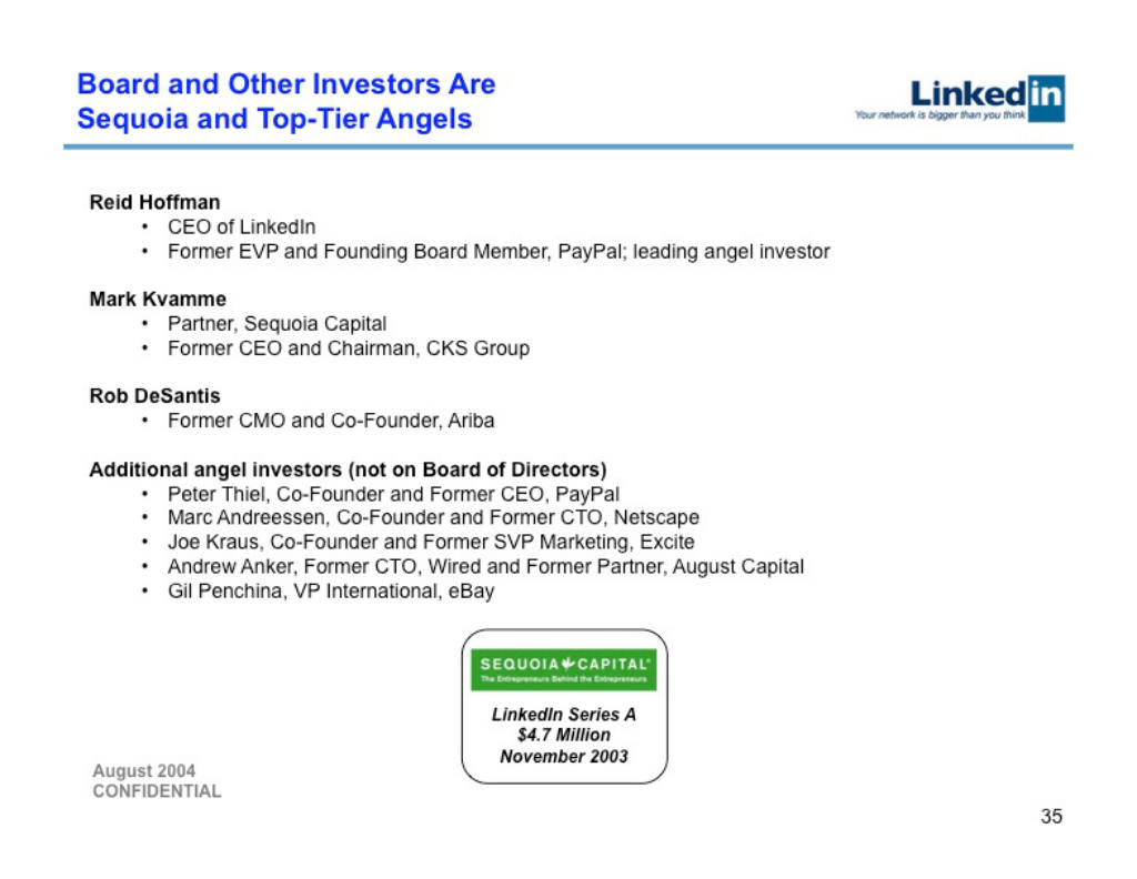 LinkedIn pitch deck, slide 35: Board and Investors