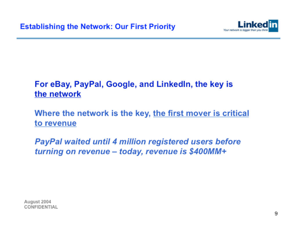 LinkedIn pitch deck, slide 9: Network First