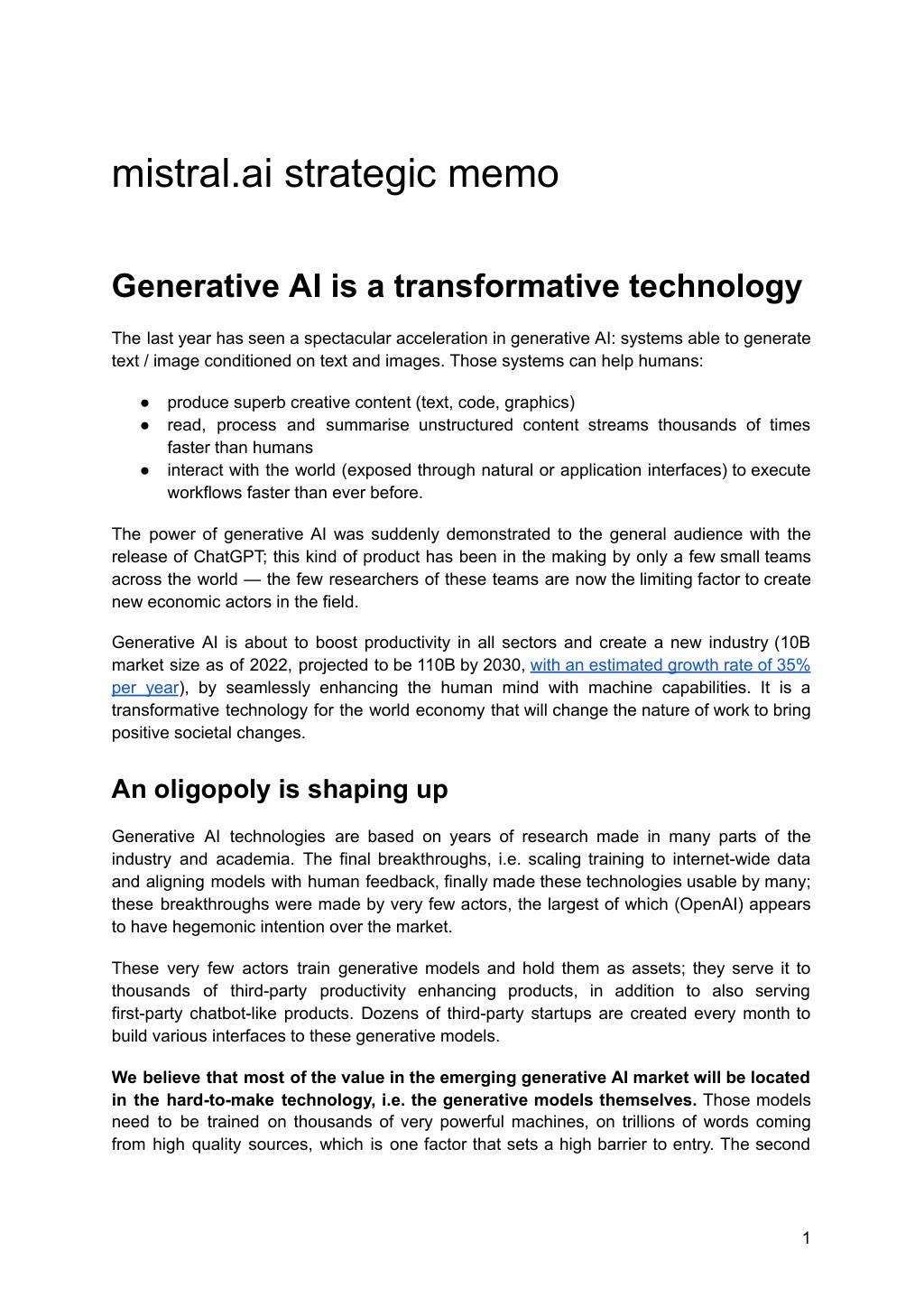 Mistral AI pitch deck, slide 1: Generative AI and the oligopoly