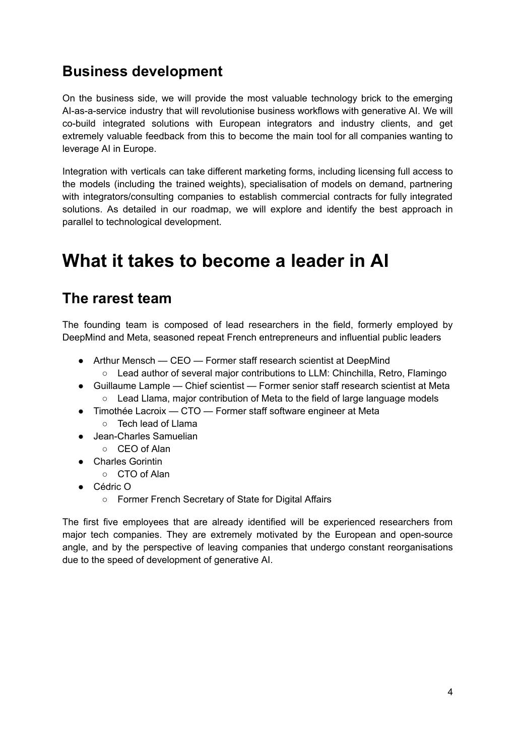 Mistral AI pitch deck, slide 4: Business development and team