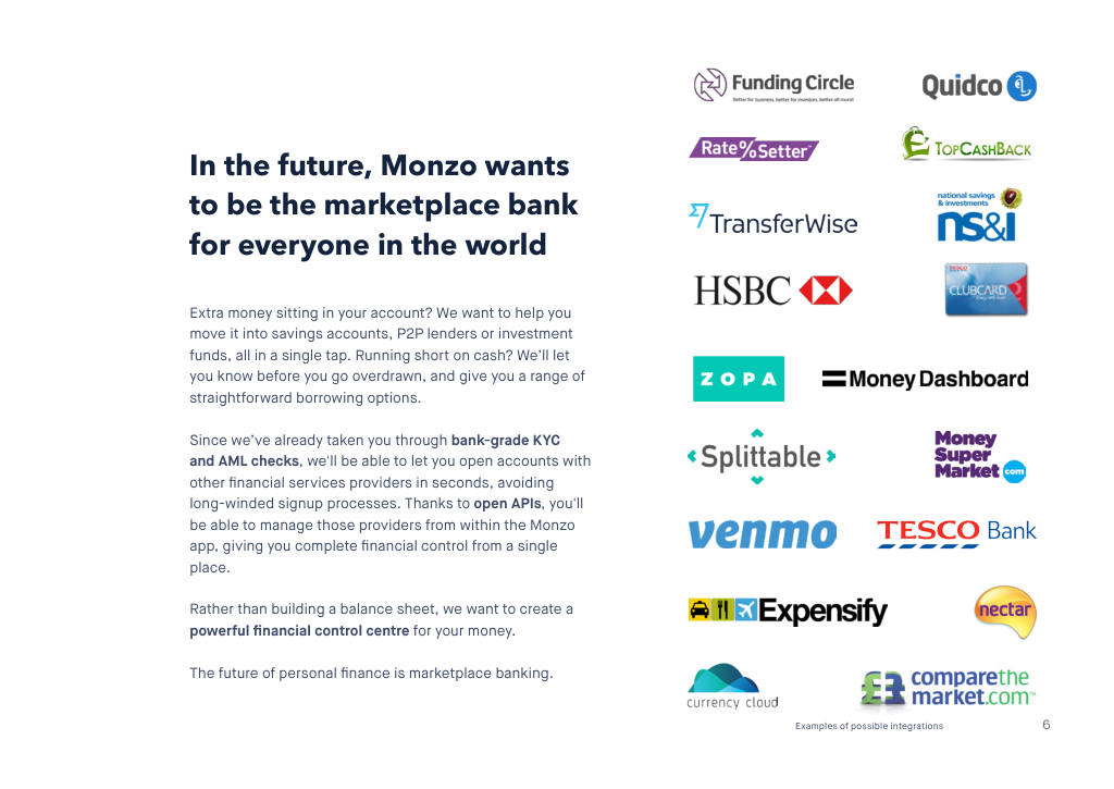 Monzo pitch deck, slide 6: Marketplace bank