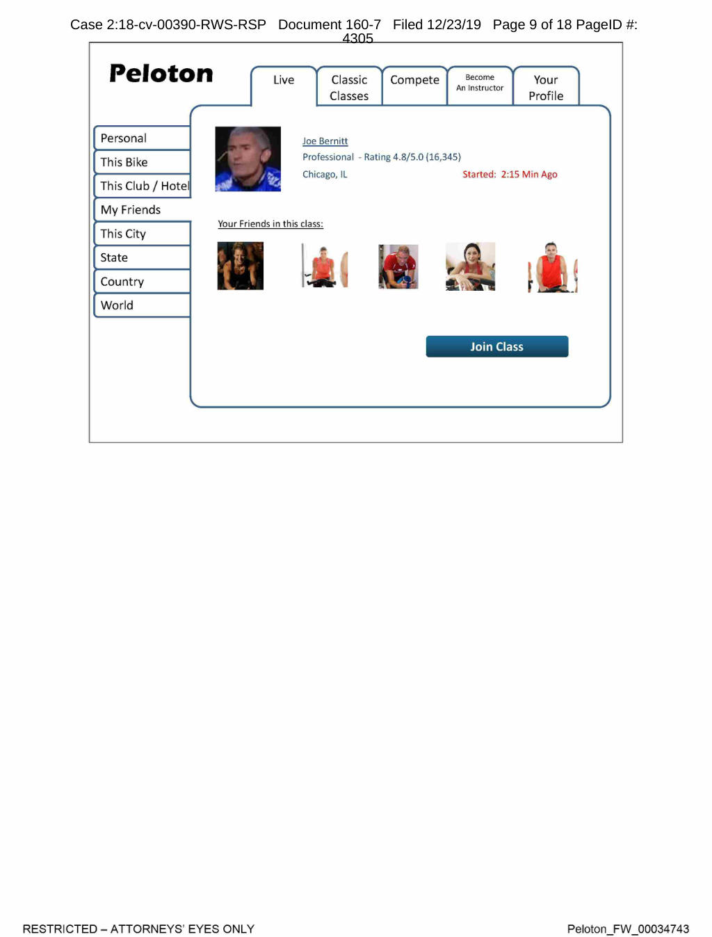 Peloton pitch deck, slide 8: Join Class Mockup