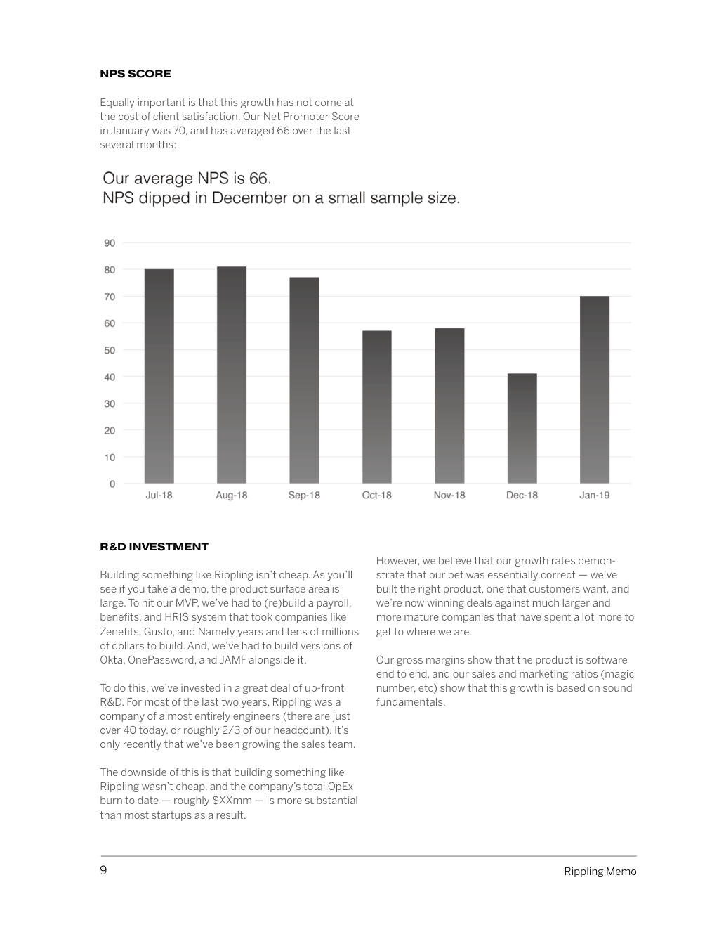 Rippling pitch deck, slide 9: NPS and R&D investment