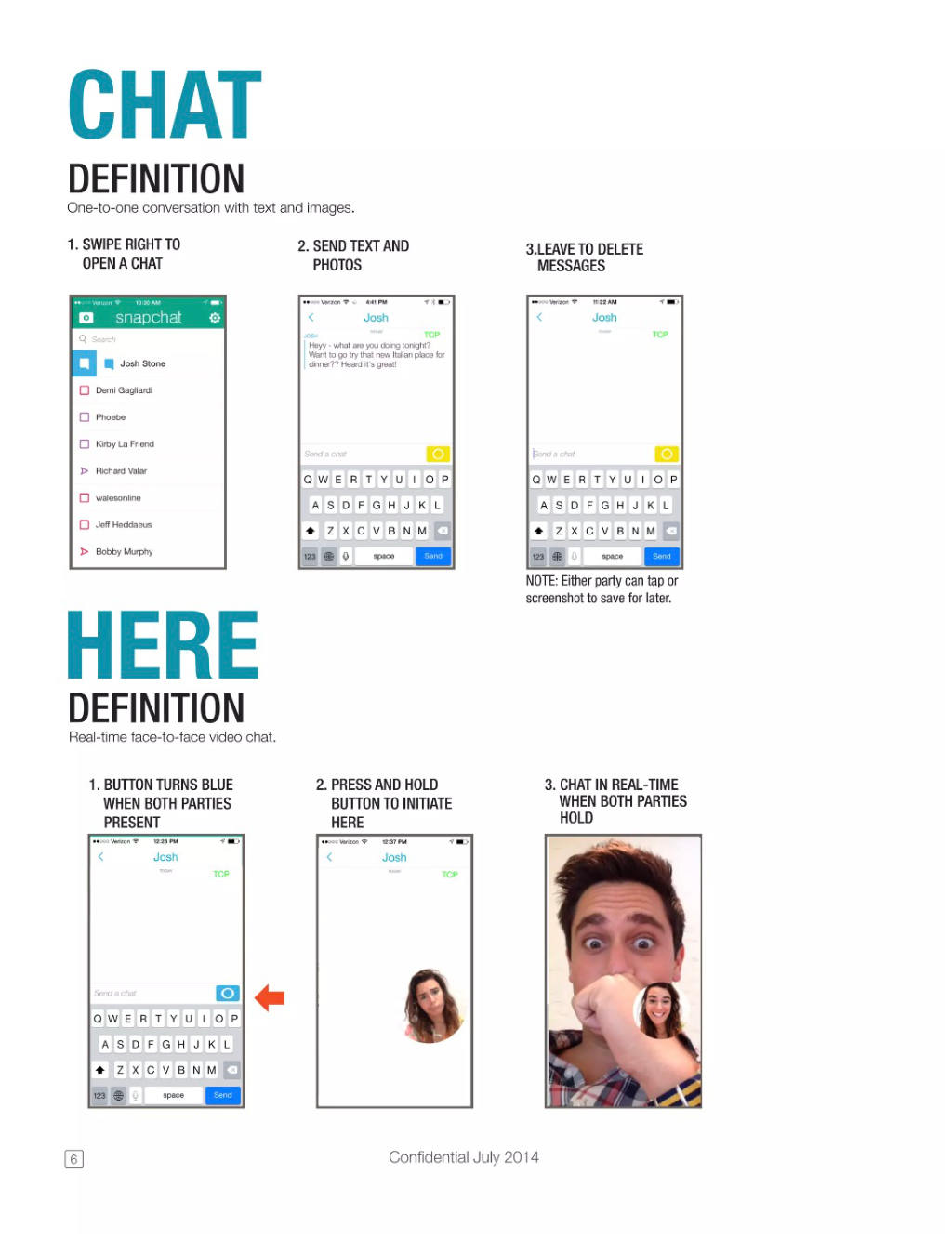 Snapchat pitch deck, slide 7: Chat and Here