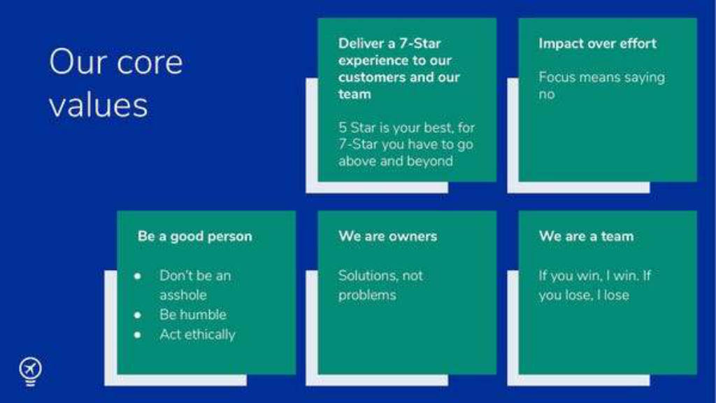 TravelPerk pitch deck, slide 14: Values