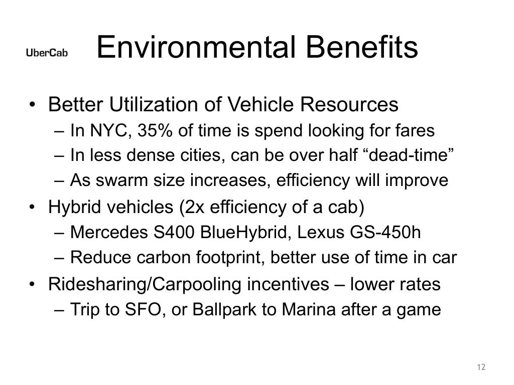 Uber pitch deck, slide 12: Environmental Benefits