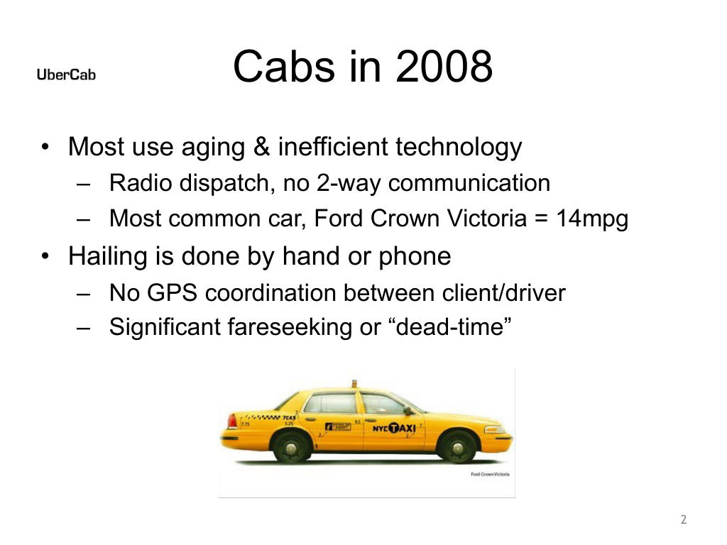 Uber pitch deck, slide 2: Cabs in 2008