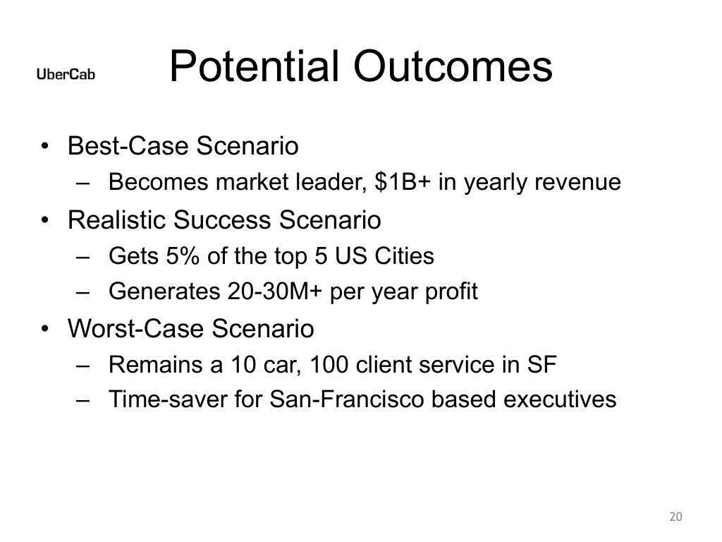 Uber pitch deck, slide 20: Potential Outcomes