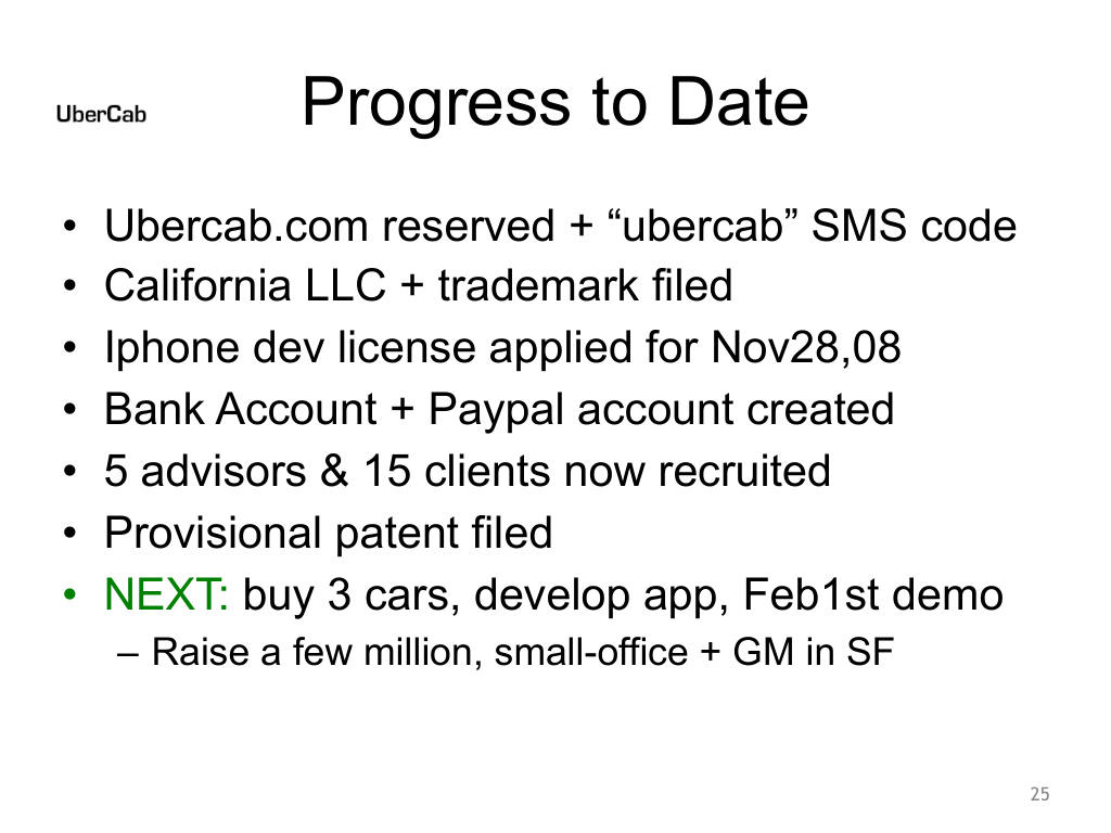 Uber pitch deck, slide 25: Progress to Date