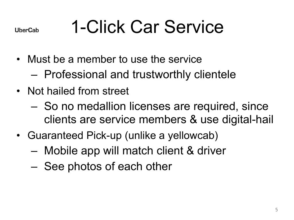 Uber pitch deck, slide 5: 1-Click Car Service