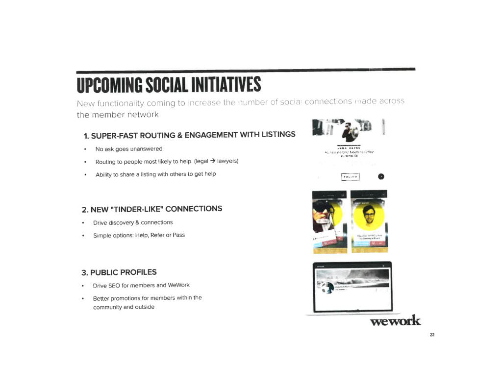 WeWork pitch deck, slide 23: Social Features